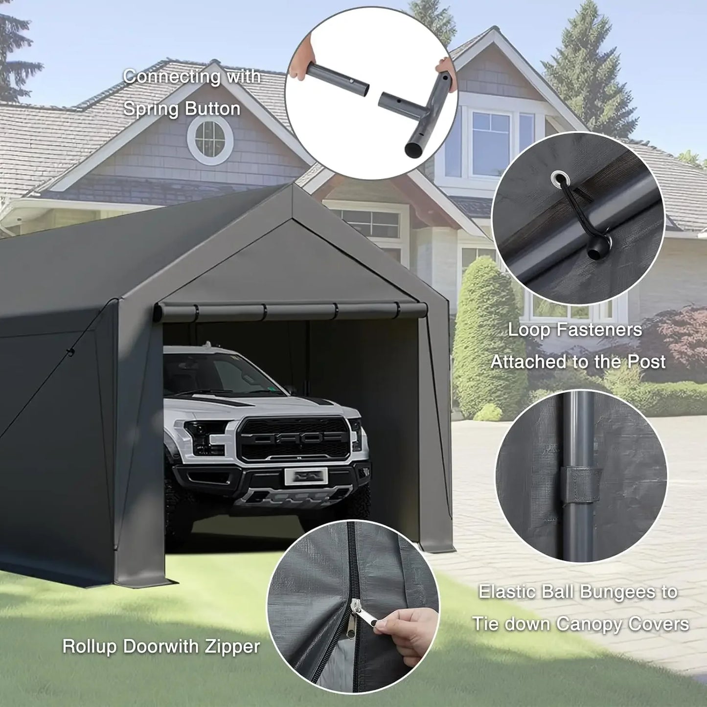 10x20 Heavy Duty, Portable Carport Garage with Removable Sidewalls and Door