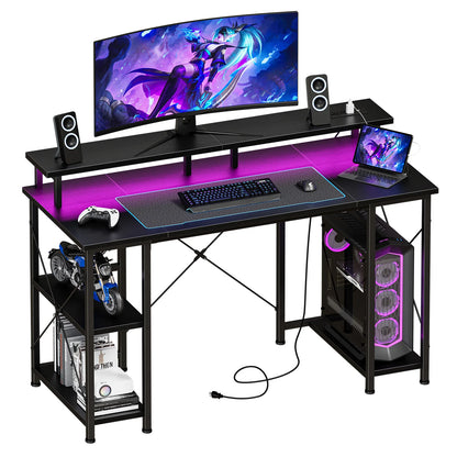 48 Inch Gaming Desk with LED Lights Power Outlets and Shelves