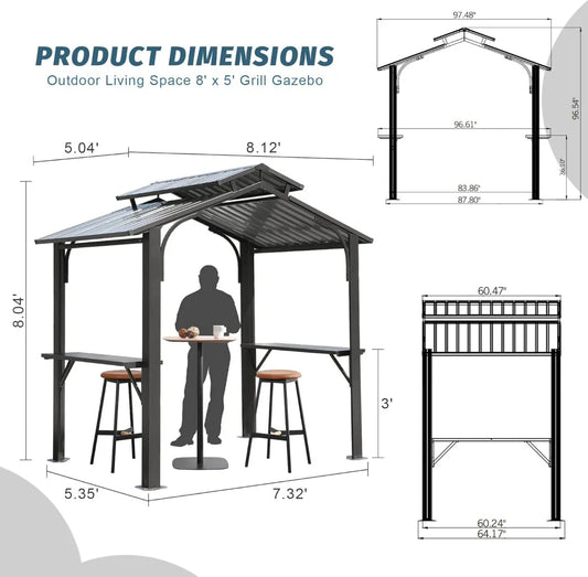 8x5FT Hardtop Grill Gazebo with Double Steel Roof