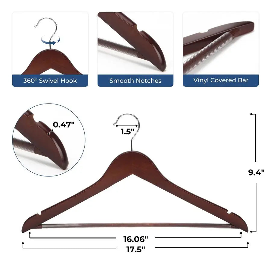Wooden Coat Hangers, 20 Pack High Grade 17.5 Inch Wood Suit Hangers with Non-Slip Pant Bar