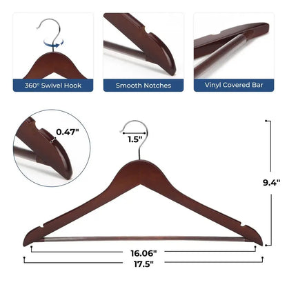 Wooden Coat Hangers, 20 Pack High Grade 17.5 Inch Wood Suit Hangers with Non-Slip Pant Bar
