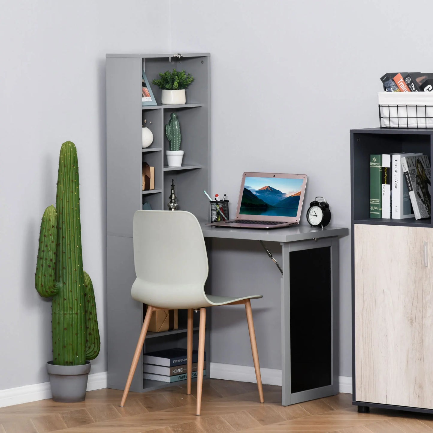 Wall Mount Fold Out Computer Desk with Blackboard and Side Shelf