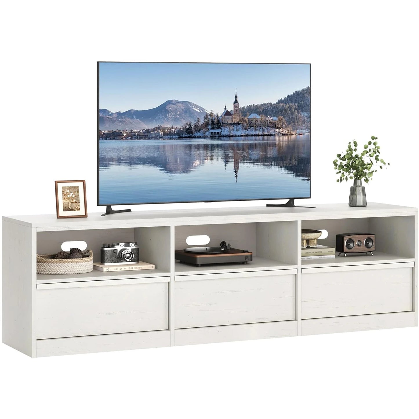 Modern TV Stand with Open Shelving & Storage Drawer