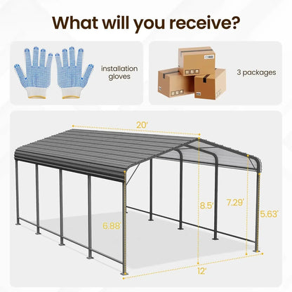 12x20FT Metal Carport, Heavy Duty Carport Canopy with Reinforced Frame