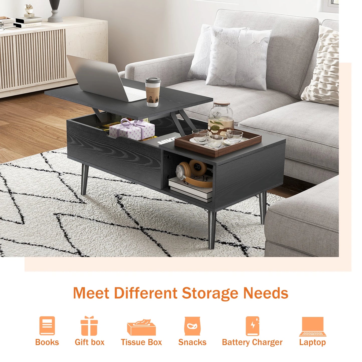 Lift Top Coffee Table with Adjustable Storage Shelf and Easy Lift or Lower