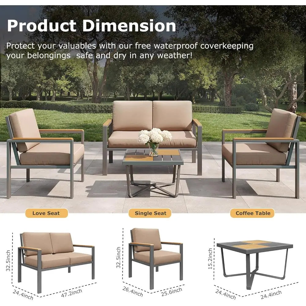 5-Piece Metal Outdoor Sectional Patio Furniture Set with Fire Pit Table with Cushions.