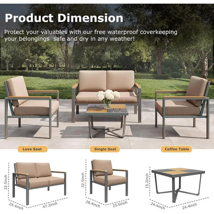 5-Piece Metal Outdoor Sectional Patio Furniture Set with Fire Pit Table with Cushions.