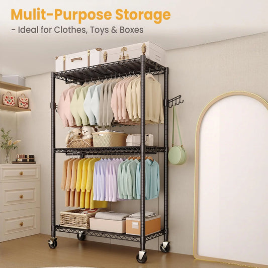 3-Tier Rolling Metal Garment Rack with Adjustable Shelves & Dual Hanging Rods