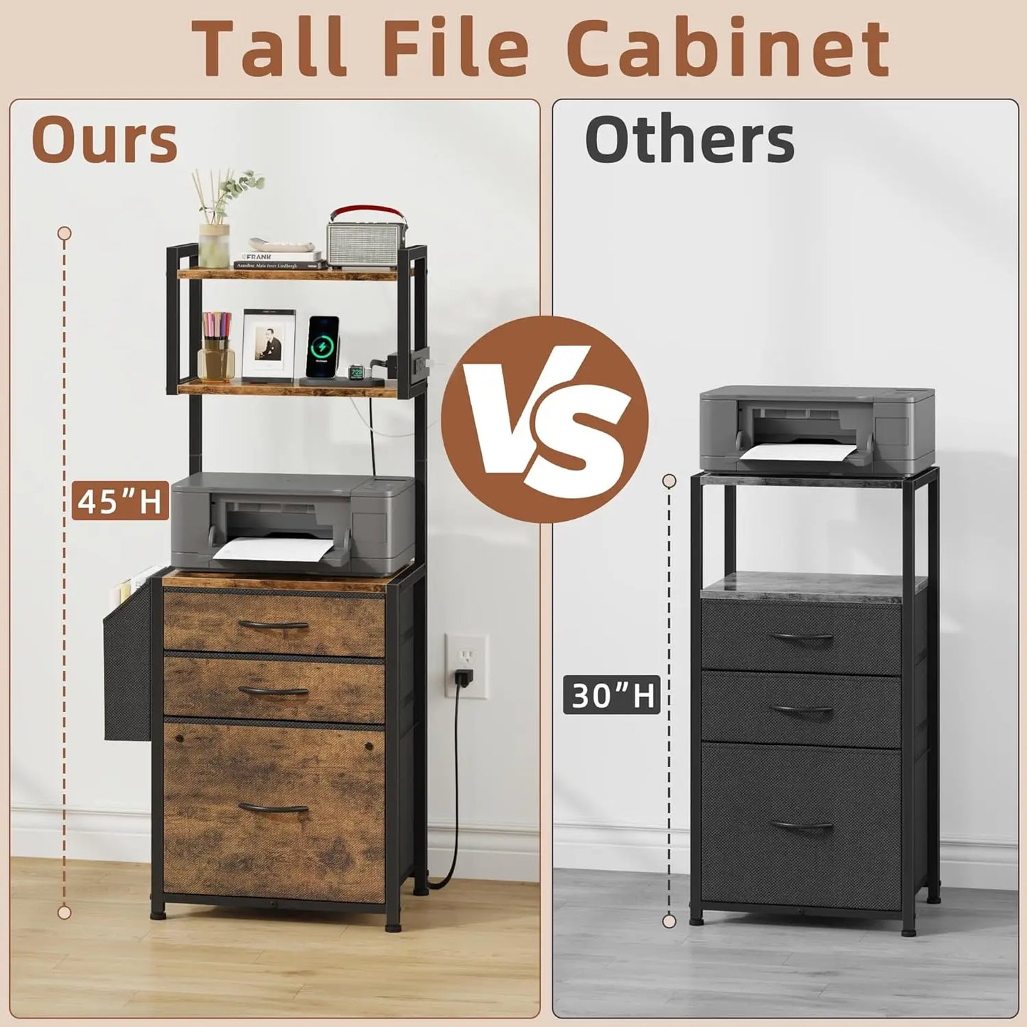 45''H 3-Drawer File Cabinet with Charging Station with Storage for Printer