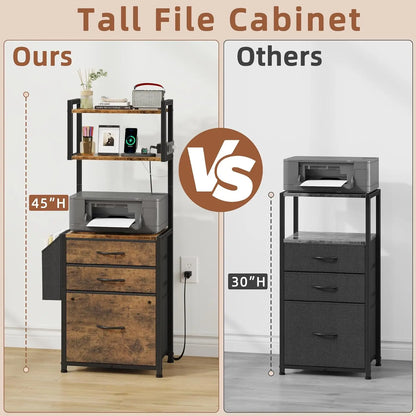 45''H 3-Drawer File Cabinet with Charging Station with Storage for Printer