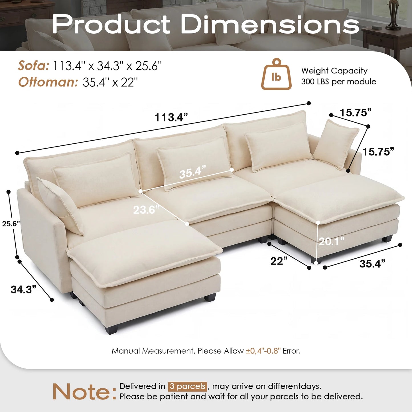 113.4" Modular Sectional Sofa with Ottoman.