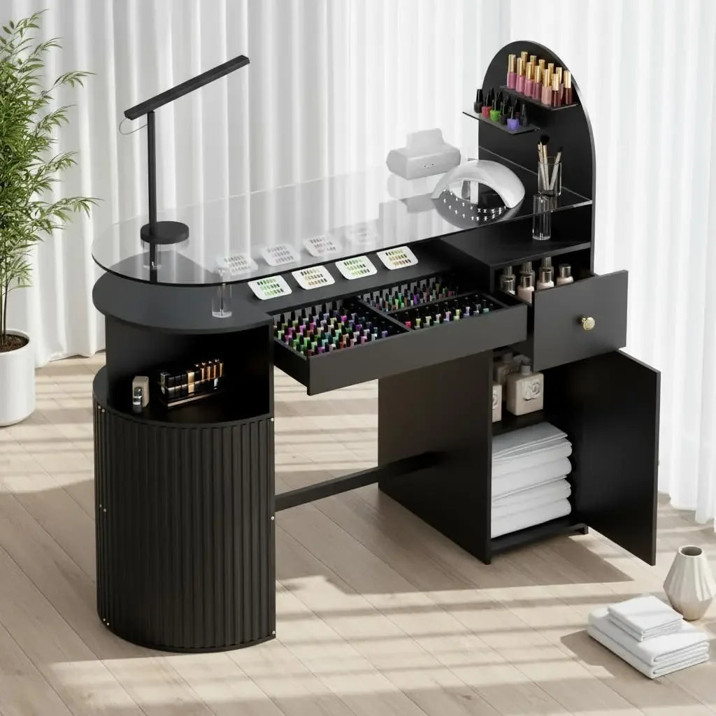 Professional Nail Tech Desk with Tempered Glass Top