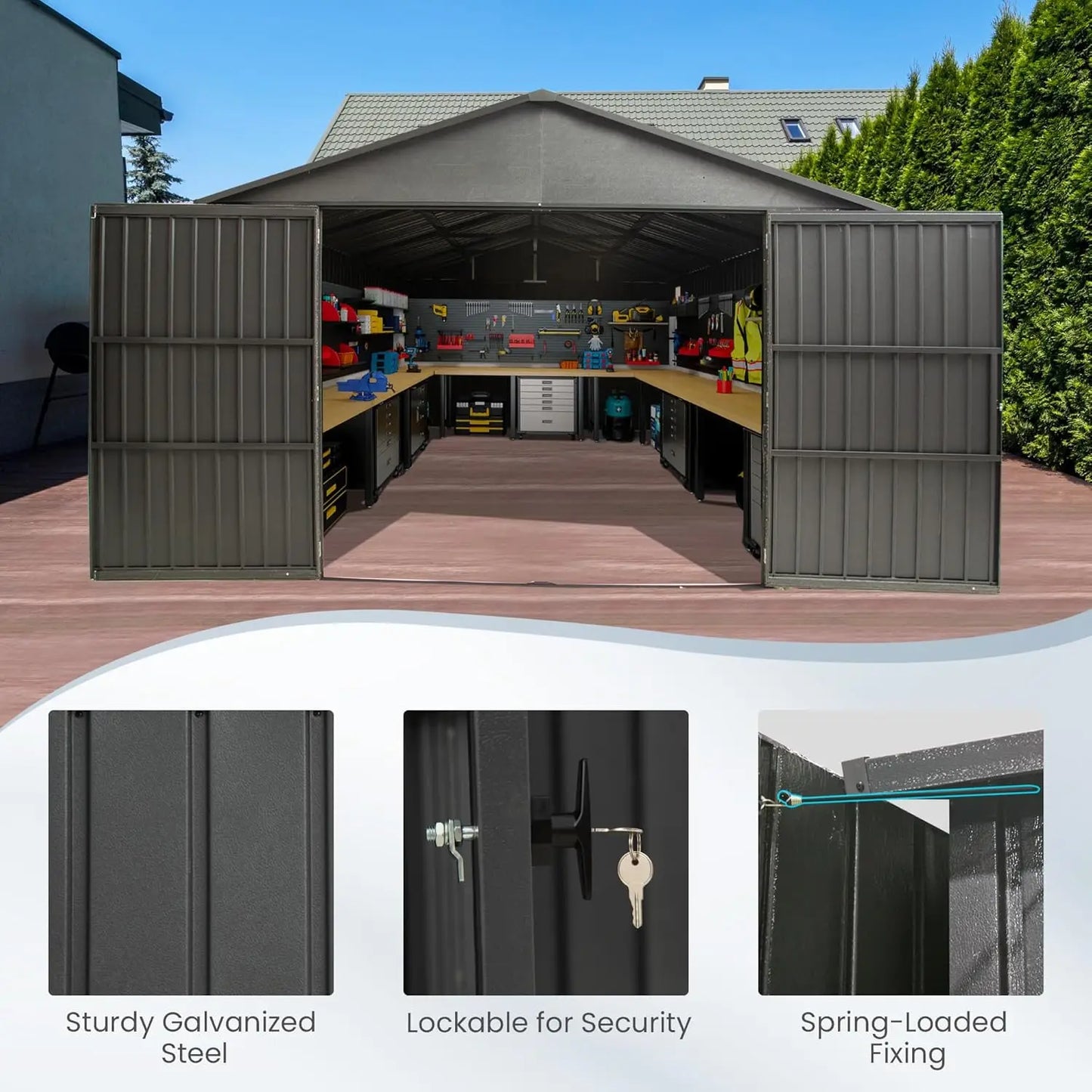 12x20ft Metal Garage / Carport with Lockable Double Side Doors and Storage