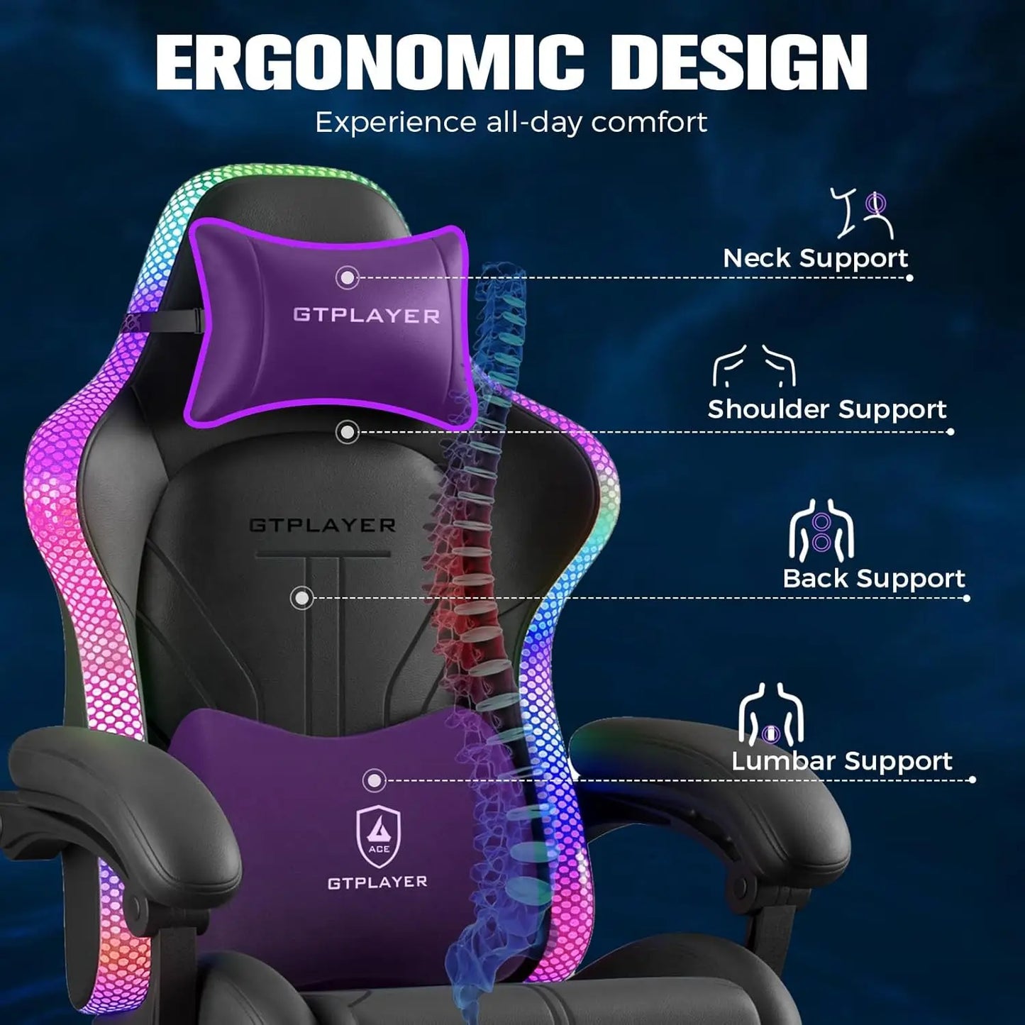 Ergonomic Gaming Chair with RGB LED Lights, High Back, Footrest & Reclining Feature