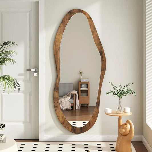Large Wood Framed 47x20 Vintage Irregular Wall Mirror Full Length