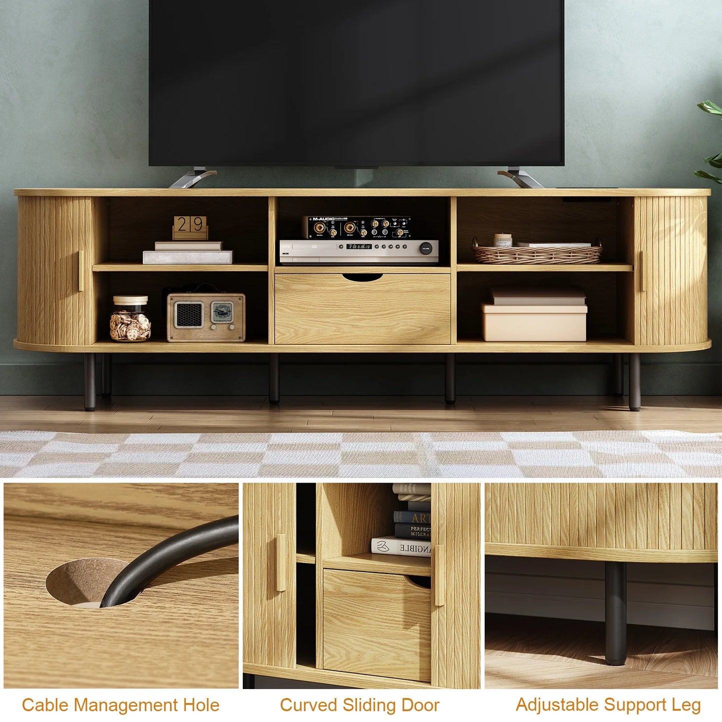 69" TV Stand Entertainment Center with Adjustable Shelves & Drawer, Power outlet