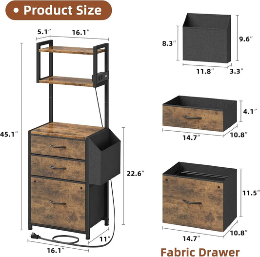 45''H 3-Drawer File Cabinet with Charging Station with Storage for Printer