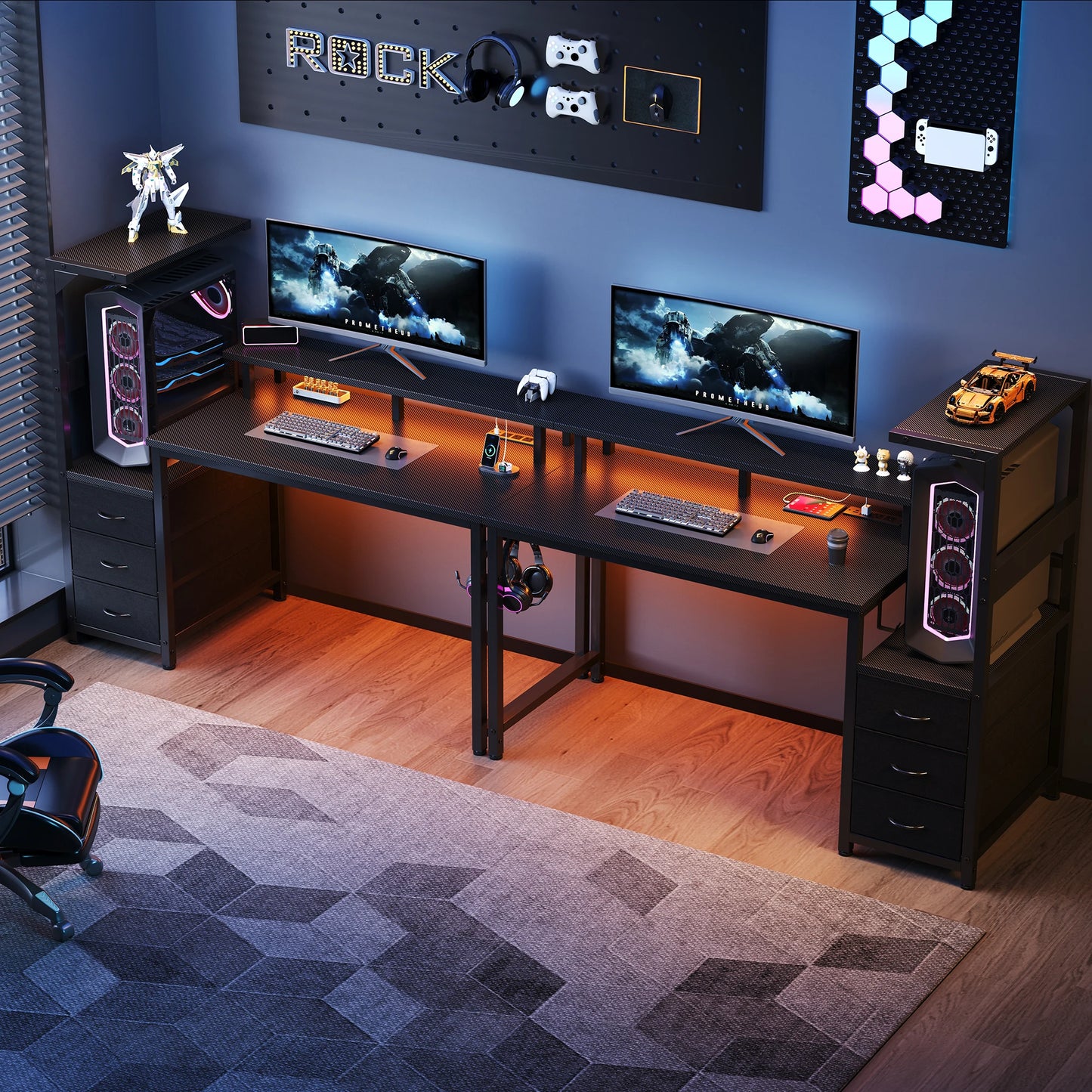 52In to 59In Gaming Desk with 3 Storage Drawers, LED Lights, and Power Outlets