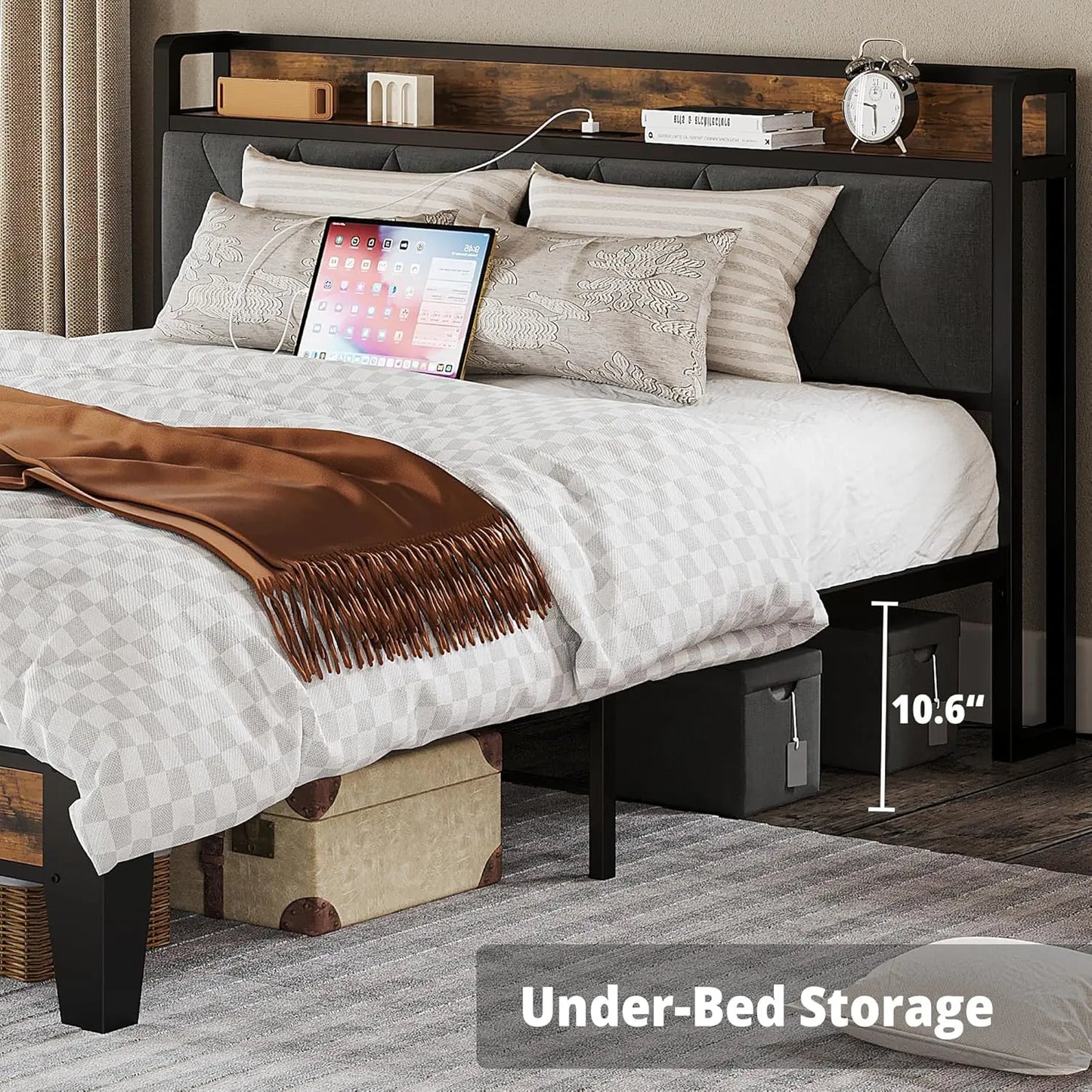 Storage Headboard with Outlets, Twin/Twin XL/Full/Queen/King/California King Bed Frames, No Box Springs Needed
