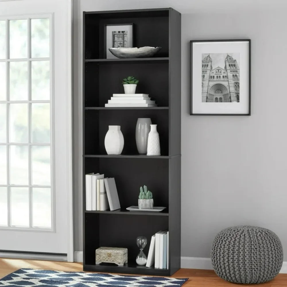 Five-shelf bookcase with adjustable shelves.