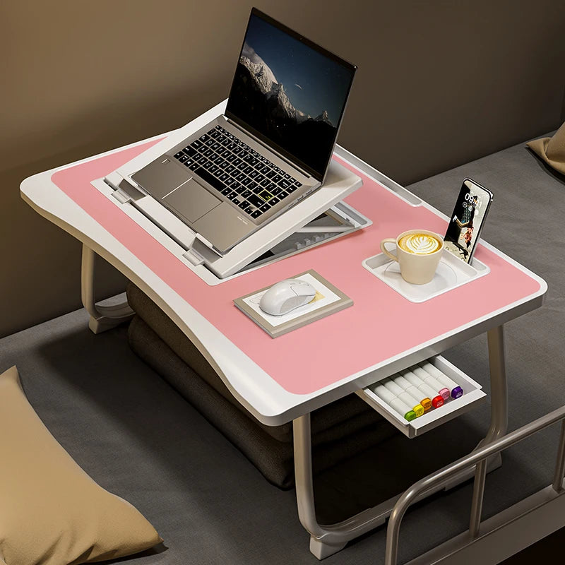 Foldable laptop desk with lifting laptop rack or home breakfast tray with drawers