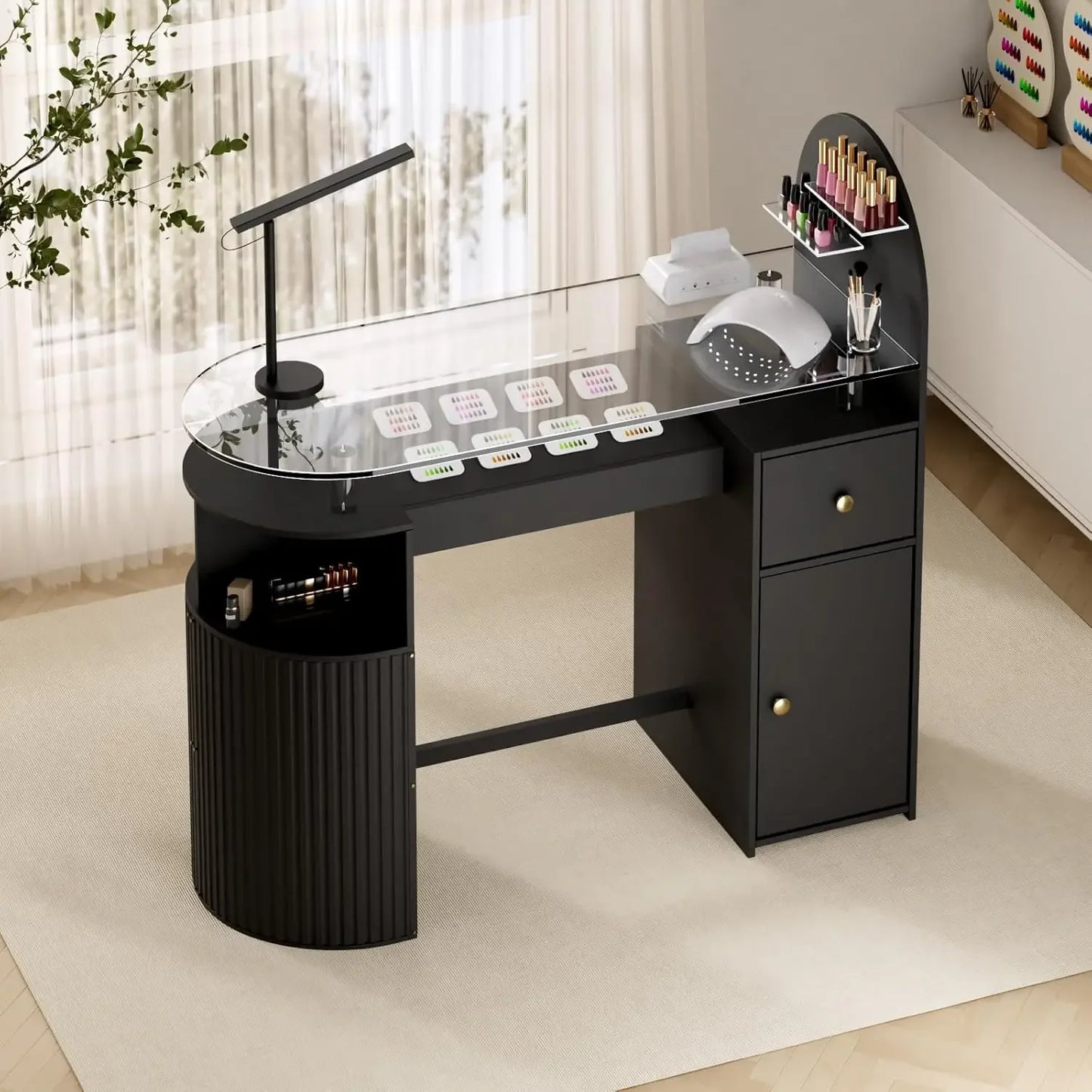 Professional Nail Tech Desk with Tempered Glass Top
