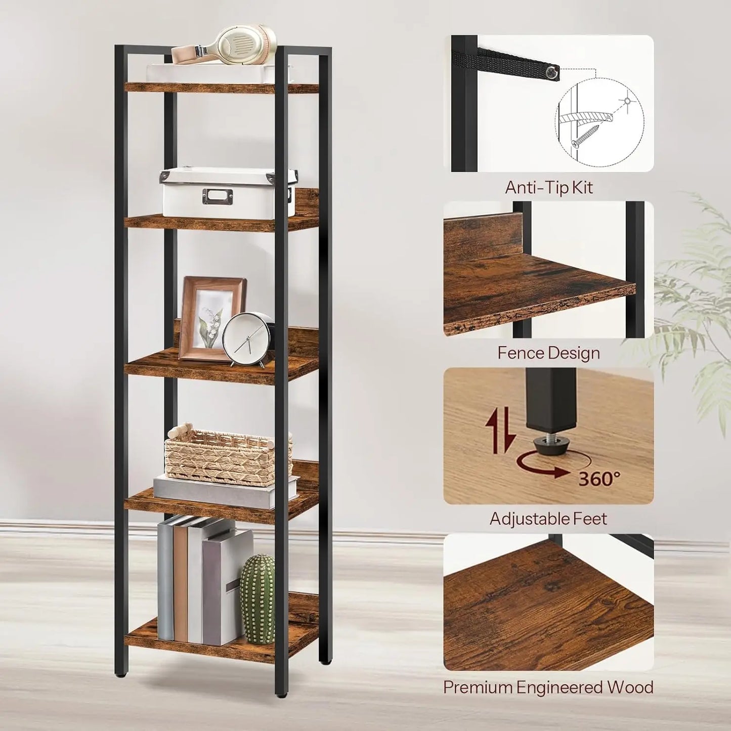 5-Tier Bookcase for Small Spaces, Rustic Brown & Black.