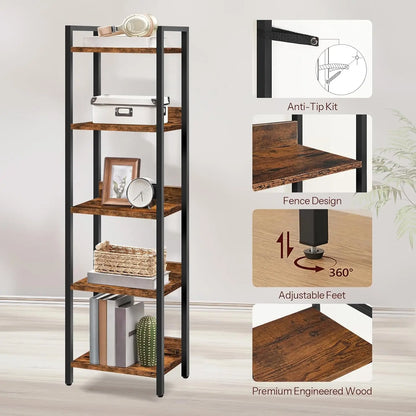 5-Tier Bookcase for Small Spaces, Rustic Brown & Black.