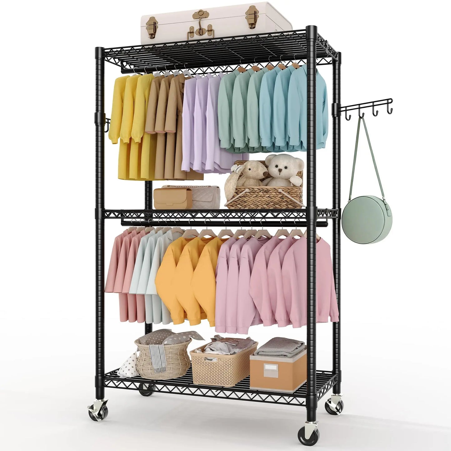 3-Tier Rolling Metal Garment Rack with Adjustable Shelves & Dual Hanging Rods