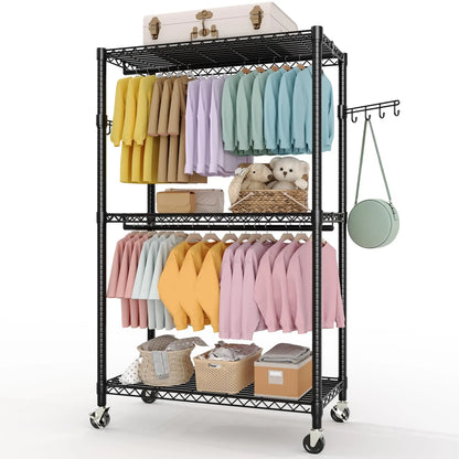 3-Tier Rolling Metal Garment Rack with Adjustable Shelves & Dual Hanging Rods