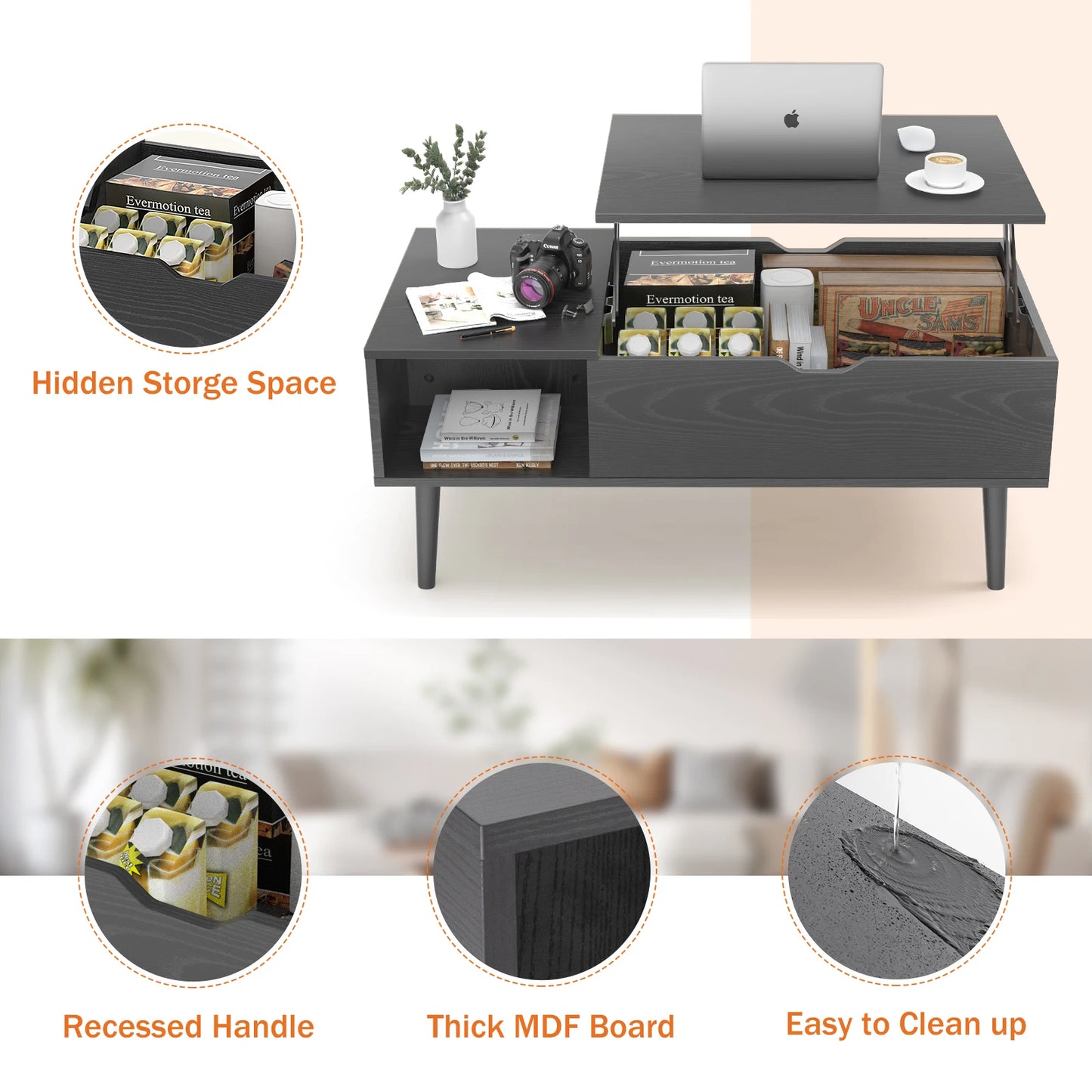 Lift Top Coffee Table with Adjustable Storage Shelf and Easy Lift or Lower