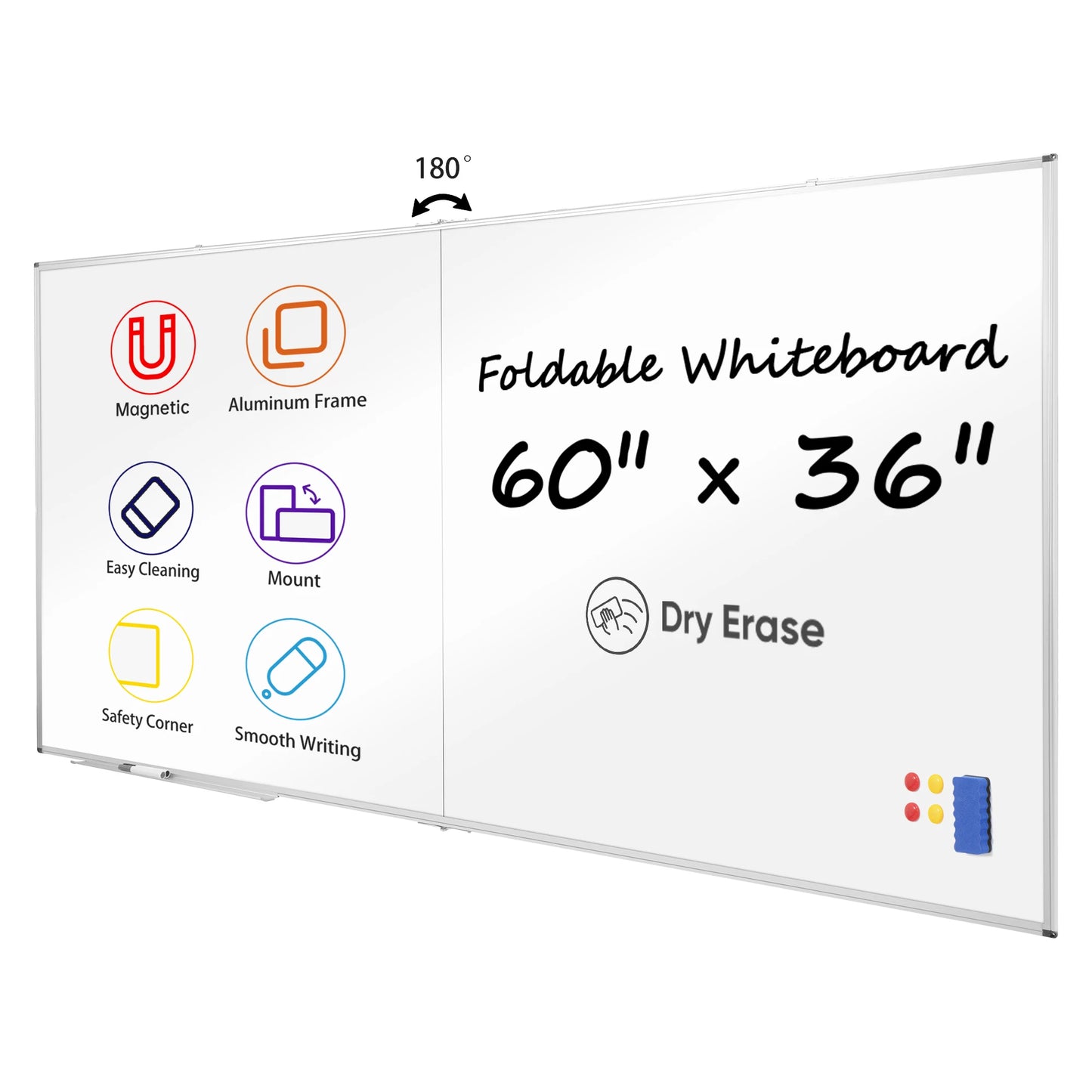 Foldable Double-Sided Whiteboard 60x36 Inch, Magnetic Dry Erase Board