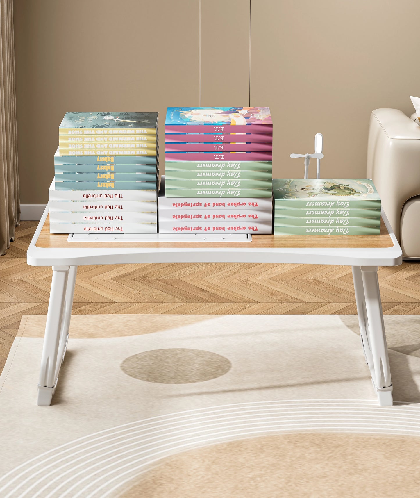 Foldable laptop desk with lifting laptop rack or home breakfast tray with drawers