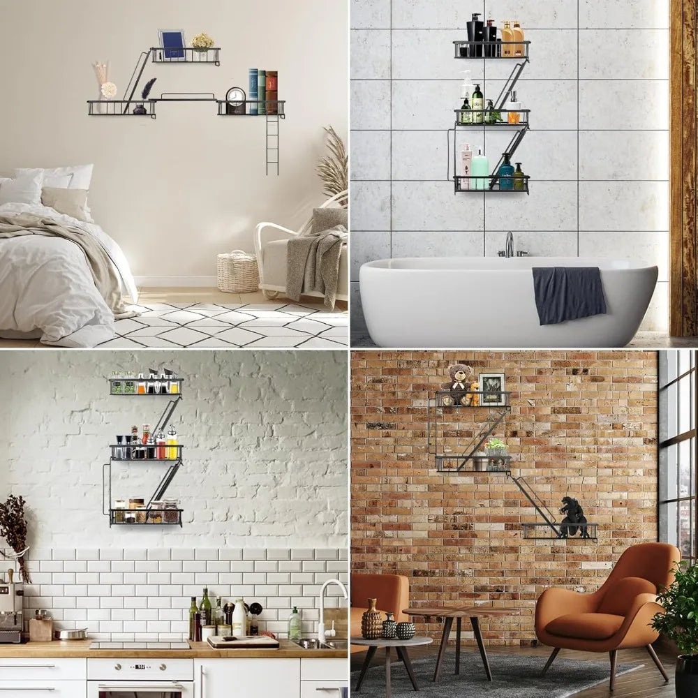 3 Tier Wall Mounted Decorative Ladder Shelf, Black Metal