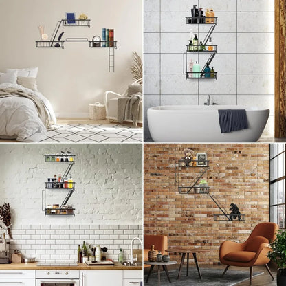 3 Tier Wall Mounted Decorative Ladder Shelf, Black Metal