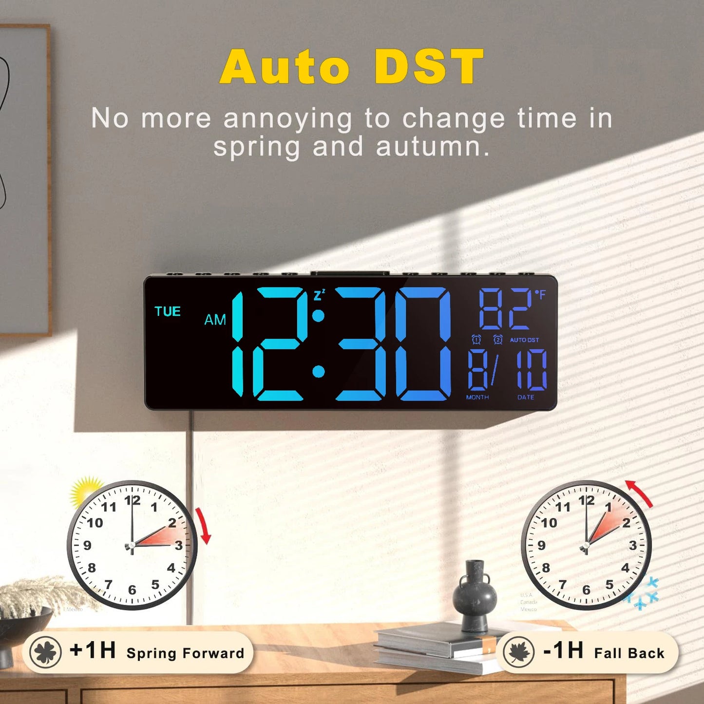 10.5" LED Digital Wall Clock and Temperature Display and Remote