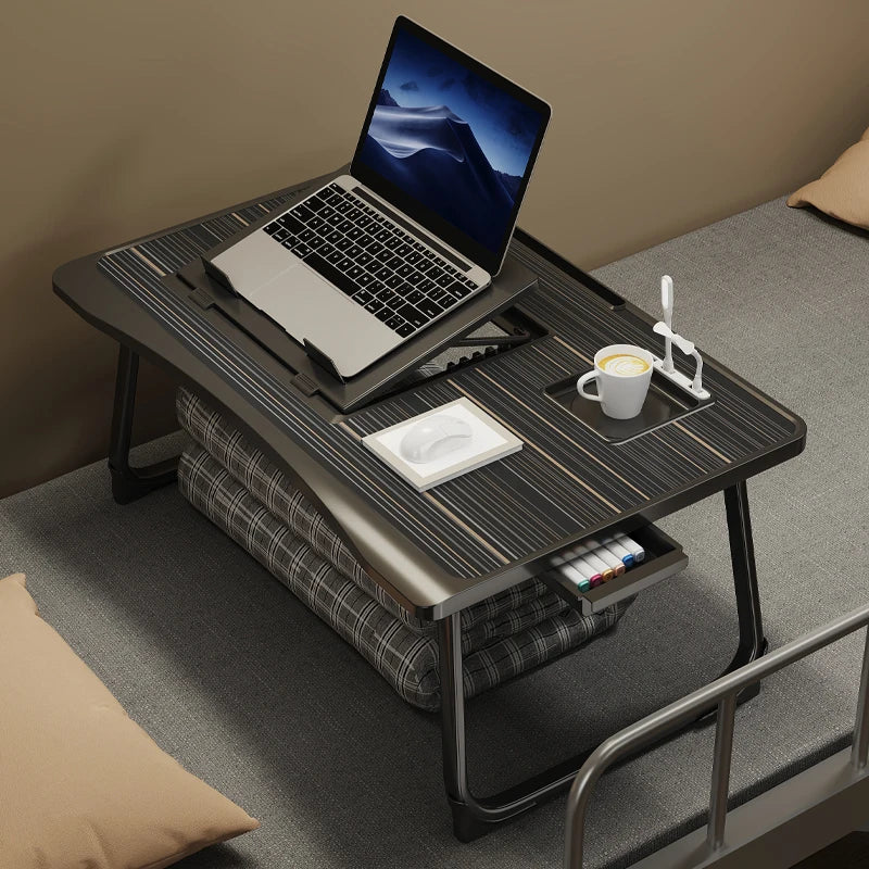 Foldable laptop desk with lifting laptop rack or home breakfast tray with drawers