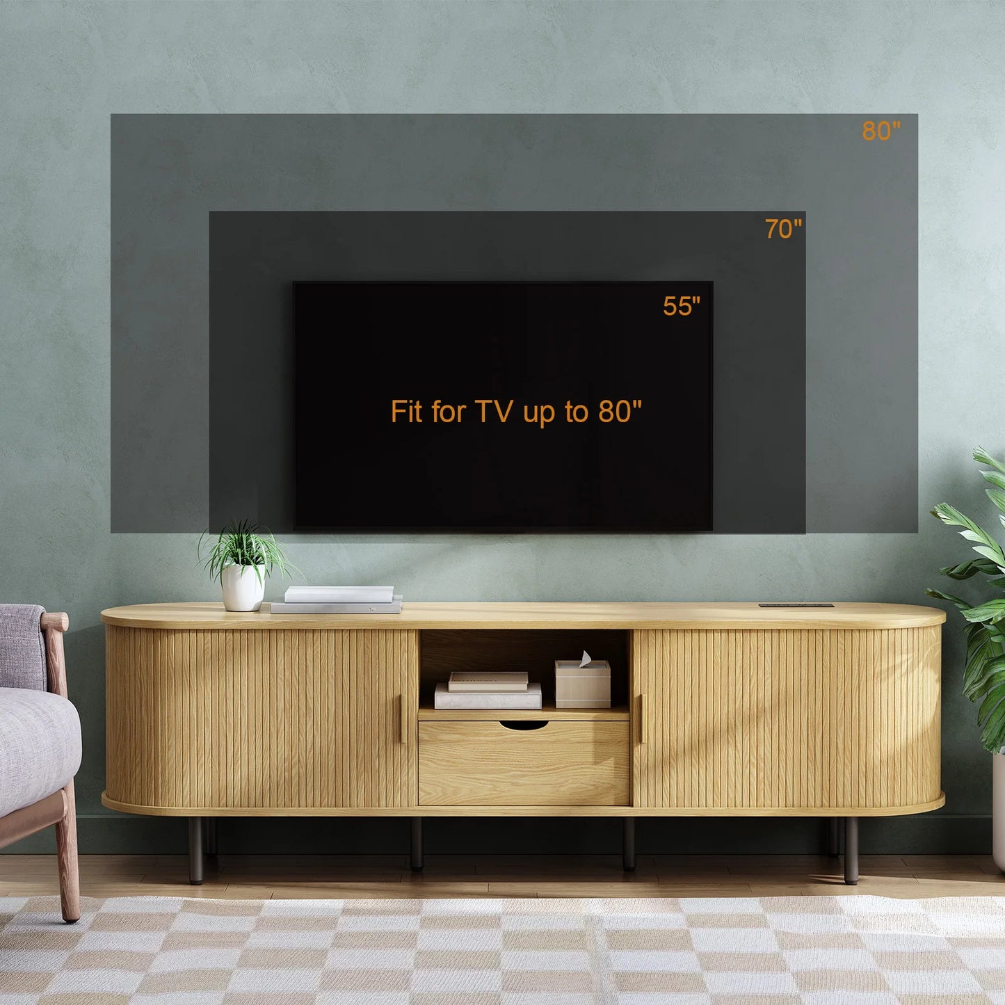 69" TV Stand Entertainment Center with Adjustable Shelves & Drawer, Power outlet