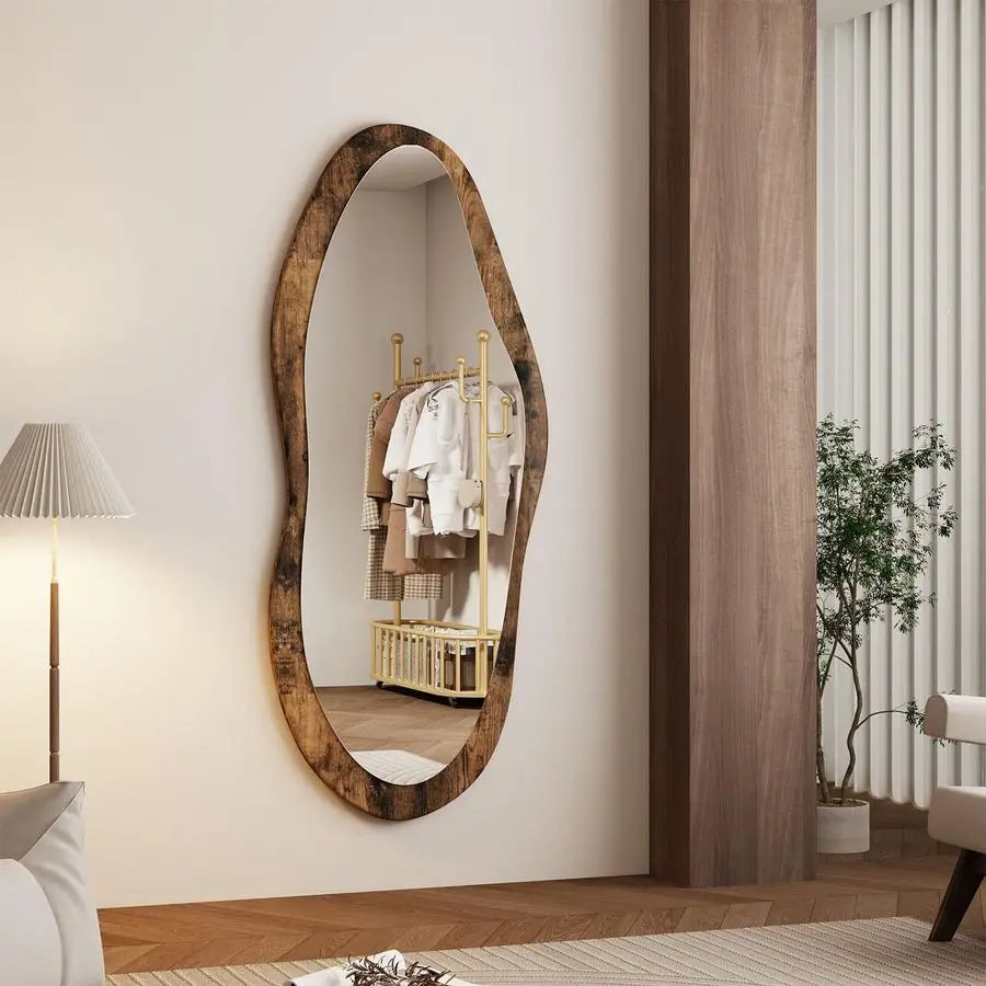 Large Wood Framed 47x20 Vintage Irregular Wall Mirror Full Length