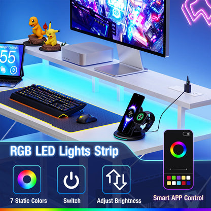 48 Inch Gaming Desk with LED Lights Power Outlets and Shelves