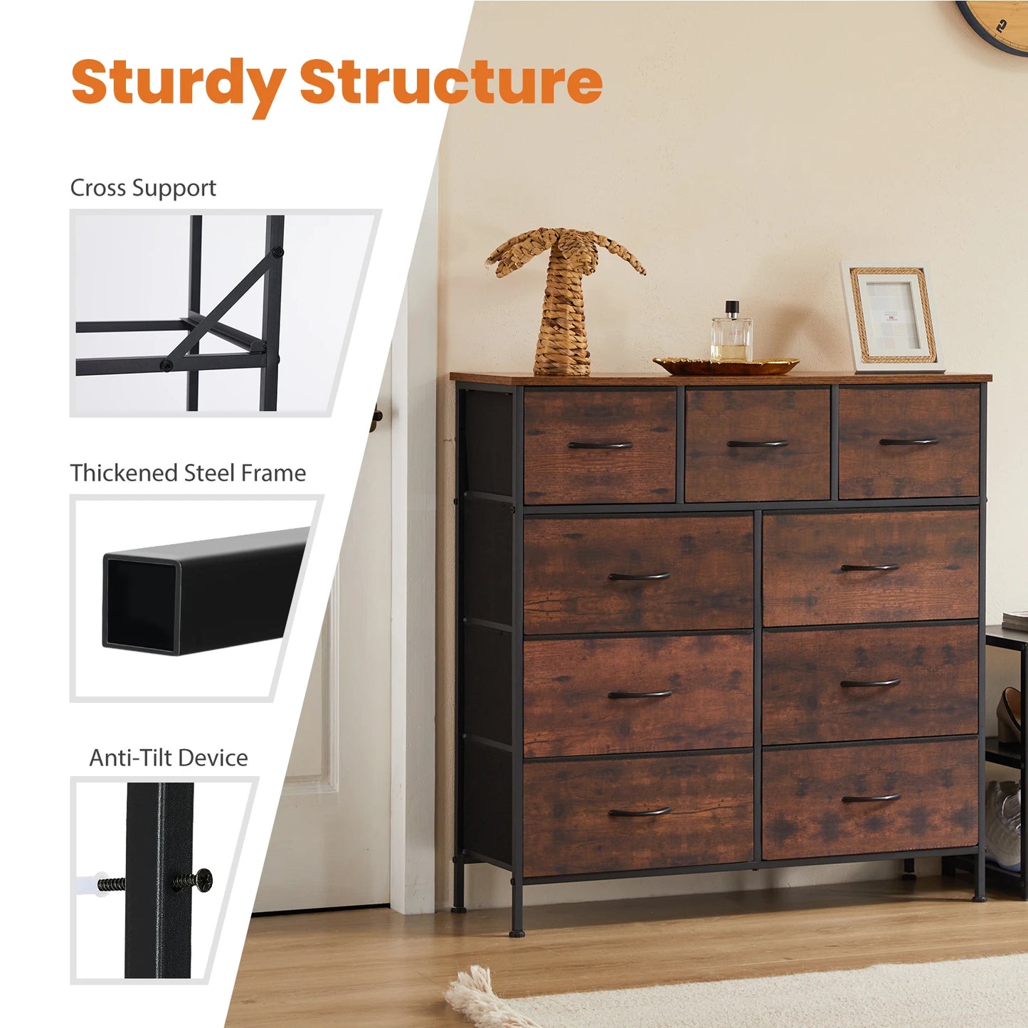 9 Drawer Dresser. comes in White, Brown, Grey, and Black