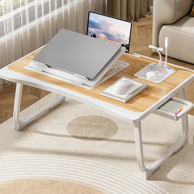 Foldable laptop desk with lifting laptop rack or home breakfast tray with drawers