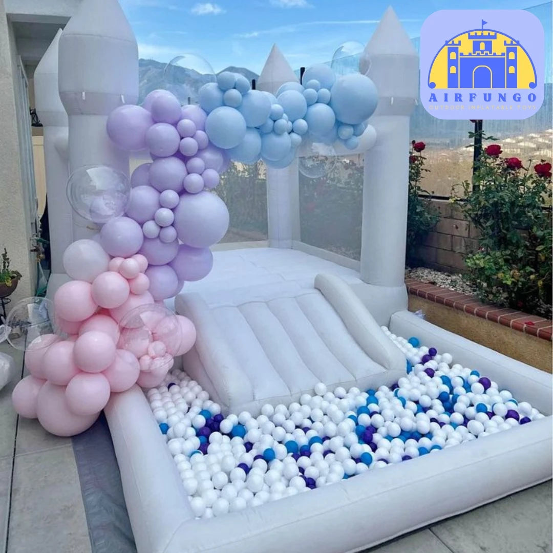 Inflatable White Bounce House with Slide, Ball Pit. Blower Included