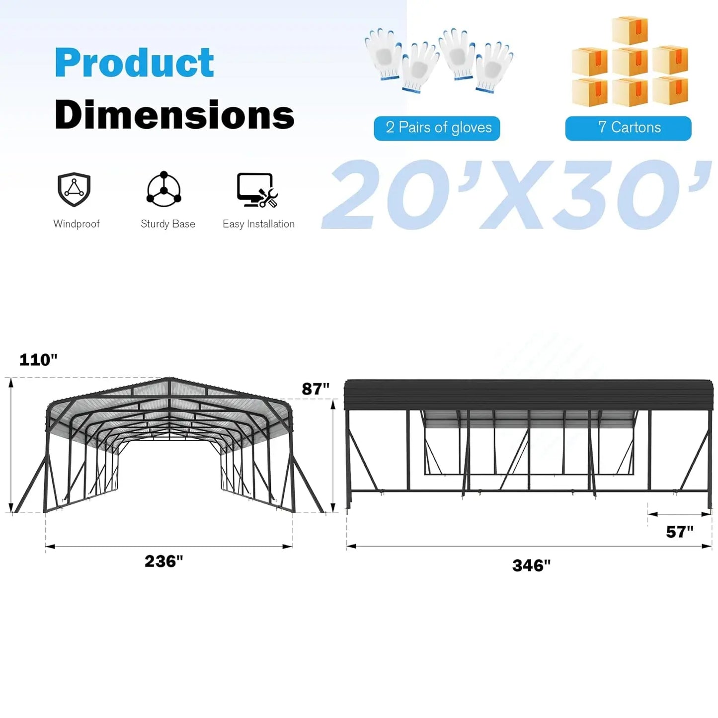 20x30 Heavy Duty Carport with Galvanized Steel Roof and Triangle Frame