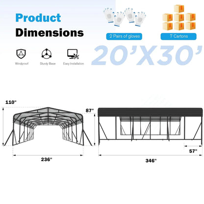 20x30 Heavy Duty Carport with Galvanized Steel Roof and Triangle Frame