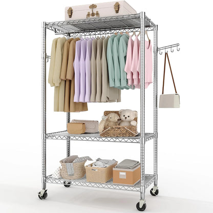 3-Tier Rolling Metal Garment Rack with Adjustable Shelves & Dual Hanging Rods