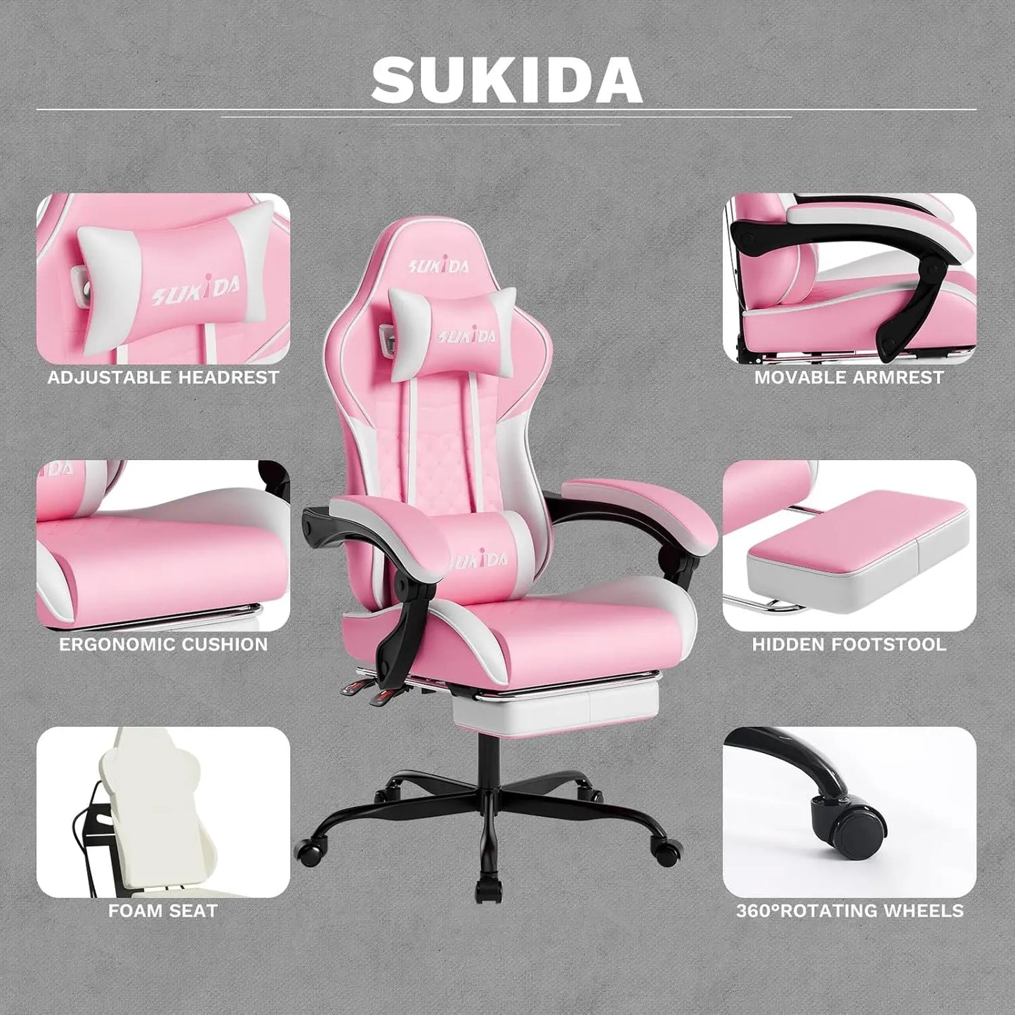 Height Adjustable Ergonomic Video Gaming / Computer Chair with Messaging Lumbar Support