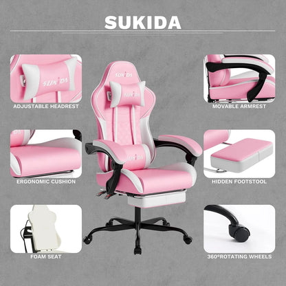 Height Adjustable Ergonomic Video Gaming / Computer Chair with Messaging Lumbar Support