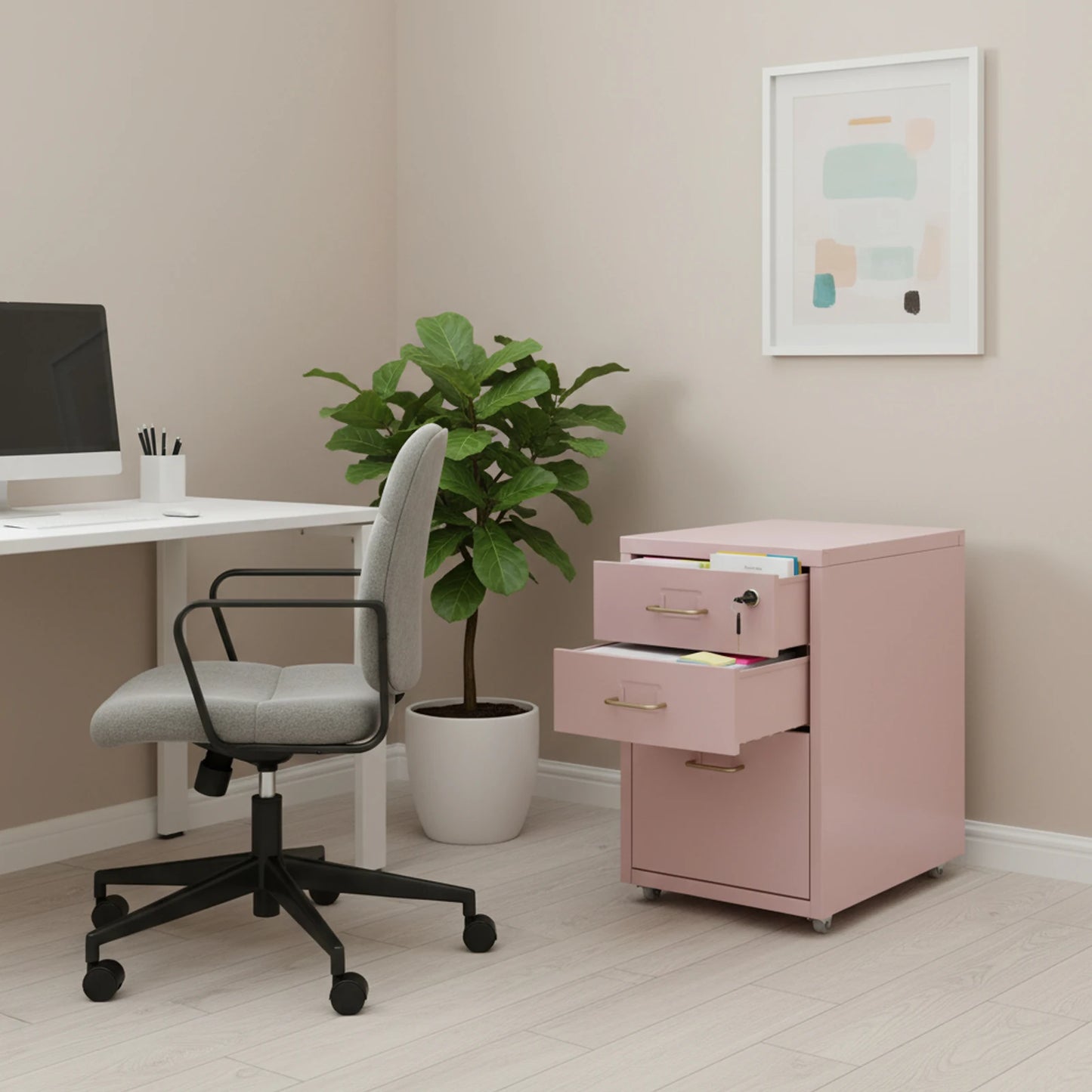 Pink Metal 3-Drawer Lockable Wheeled File Cabinet