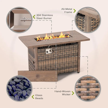 Smokeless Outdoor Fireplace Table. With Rattan Design. 43-inch Propane Gas